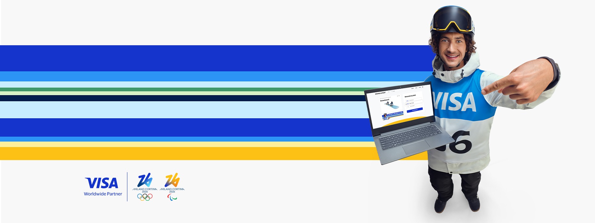 milan cortina beams with athlete and laptop